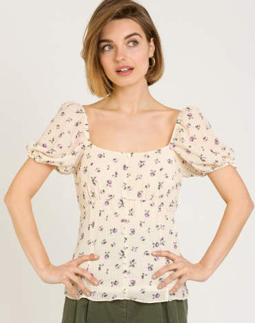 Блуза жіноча з симетричним декольте в квітковий принт