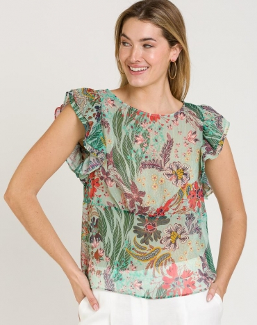 Блуза женская прозрачная в цветочный принт с воланами на плечах