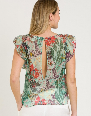 Блуза женская прозрачная в цветочный принт с воланами на плечах